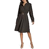 Calvin Klein Womens Long Sleeve Collared Buckle Belted Knee Length Shirtdress