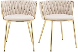 Riknuxi Velvet Dining Chairs Set of 2, Modern Woven Dining Chair with Metal Legs, Gold Upholstered Dining Chairs for Dining Room, Kitchen, Vanity, Living Room (Beige)
