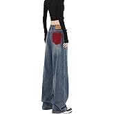 Cotoinddy Women's Y2K Street Fashion Baggy Jeans Red Pocket High Waist Wide Leg Denim Pants