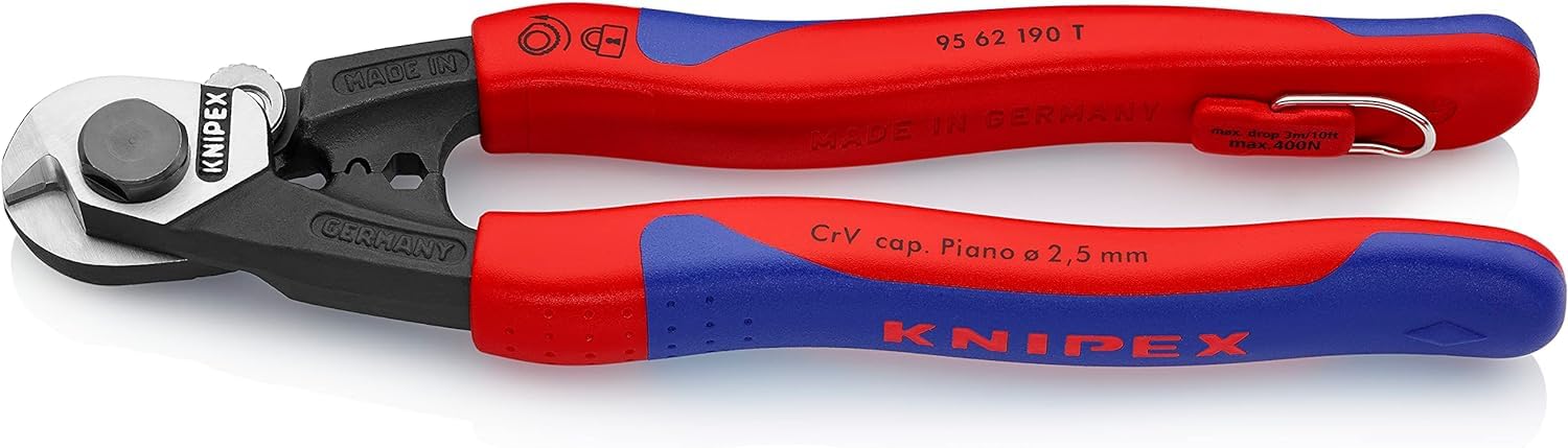 KNIPEX Wire Rope Cutter Forged with Multi-Component Grips, with Integrated Tether Attachment Point for a Tool Tether 190 mm, 95 62 190 T