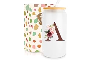 ISSVWO Ini-tial Glass Cup - Birthday Gifts for Women - 16 Oz Glass Cups W/Lids Straws, Glass Tumbler Monogrammed Gifts, Coffee Cup - Personalized Customized Cute Mothers Day, Birthday Gifts for Her Mom, A