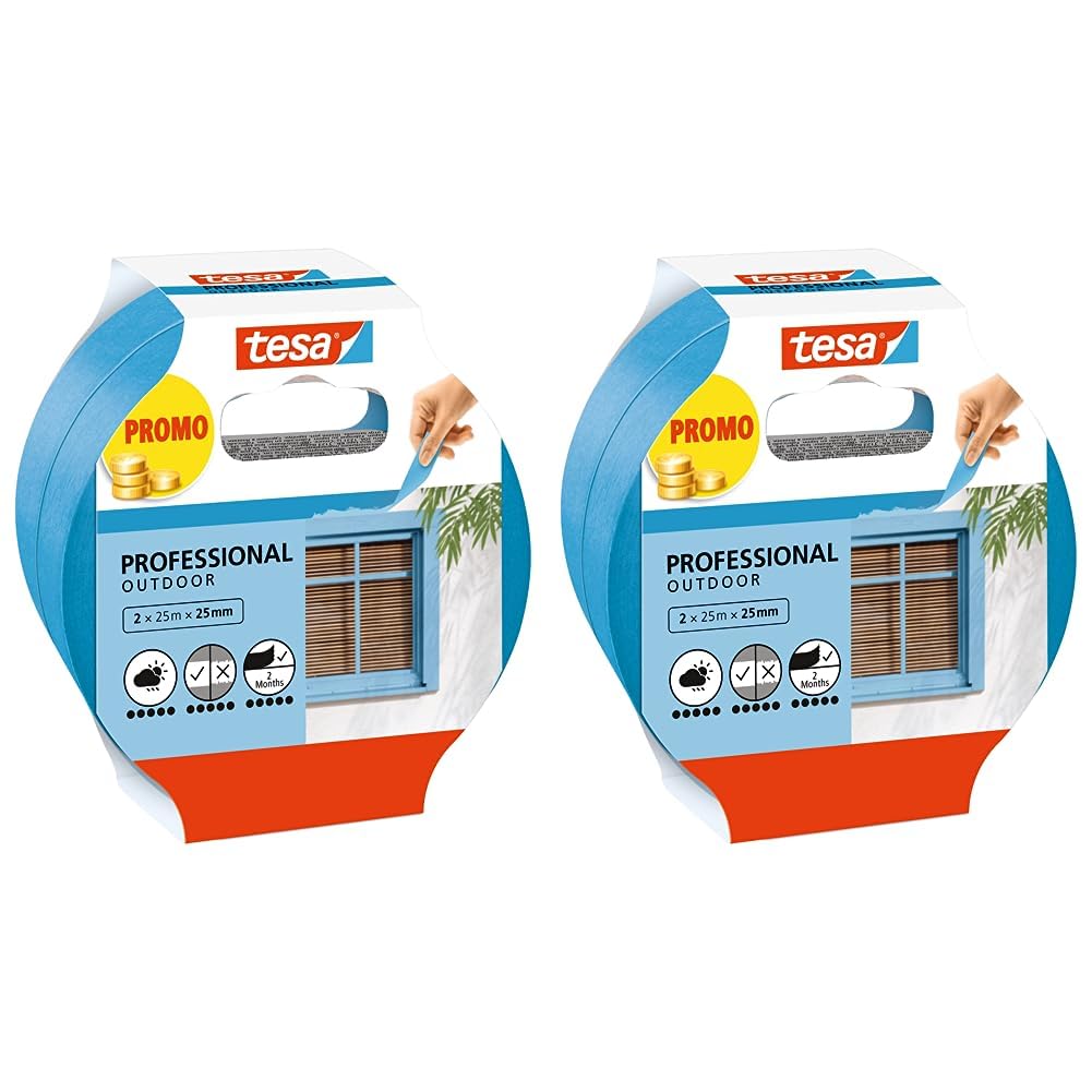 tesa Masking Tape OUTDOOR - Thin Painter's Tape for Extremely Precise Outdoor Painting - UV and Weather Resistant - 2x 25 m x 25 mm - Blue (Pack of 2)