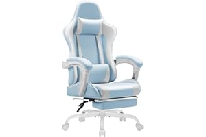 Shahoo Gaming Chair with Footrest and Massage Lumbar Support, Video Game Chairs 360°Swivel and Height Adjustable Seat with Headrest for Office or Bedroom, Study Room, Blue and White