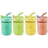 PandaEar Kids & Toddler Glass Cups, 4 Pack Glass Mason Jar Cups 8.45 oz with Silicone Sleeves & Straws, Toddler Spill-Proof Smoothie & Snack Cups