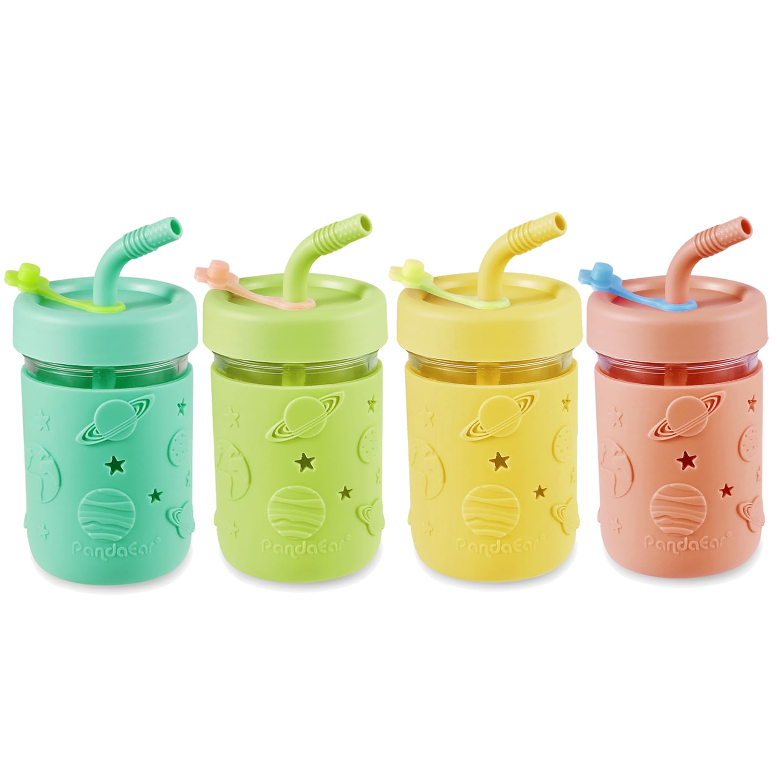 PandaEar Kids & Toddler Glass Cups, 4 Pack Glass Mason Jar Cups 8.45 oz with Silicone Sleeves & Straws, Toddler Spill-Proof Smoothie & Snack Cups
