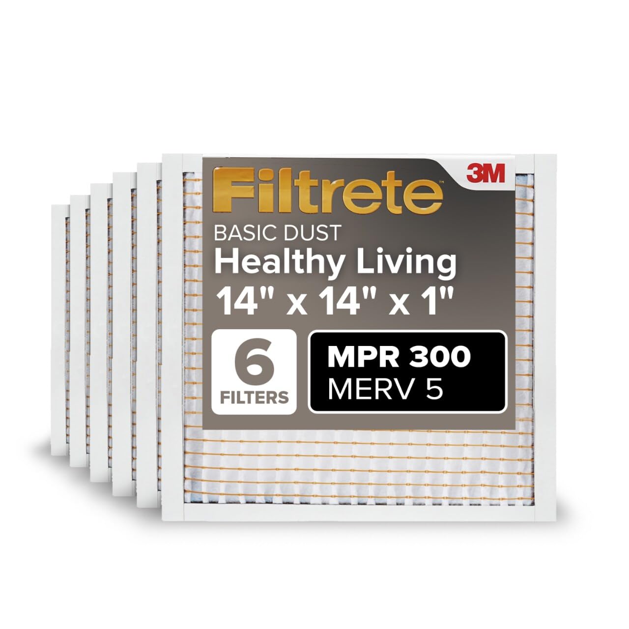 Filtrete 14x14x1 Air Filter MERV 5, 6-Pack AC Furnace Filters for Home HVAC, MPR 300 Basic Dust Defense, Removes Lint & Household Dust, 3-Month Pleated Electrostatic (Actual Size 13.81x13.81x0.81 in) Image