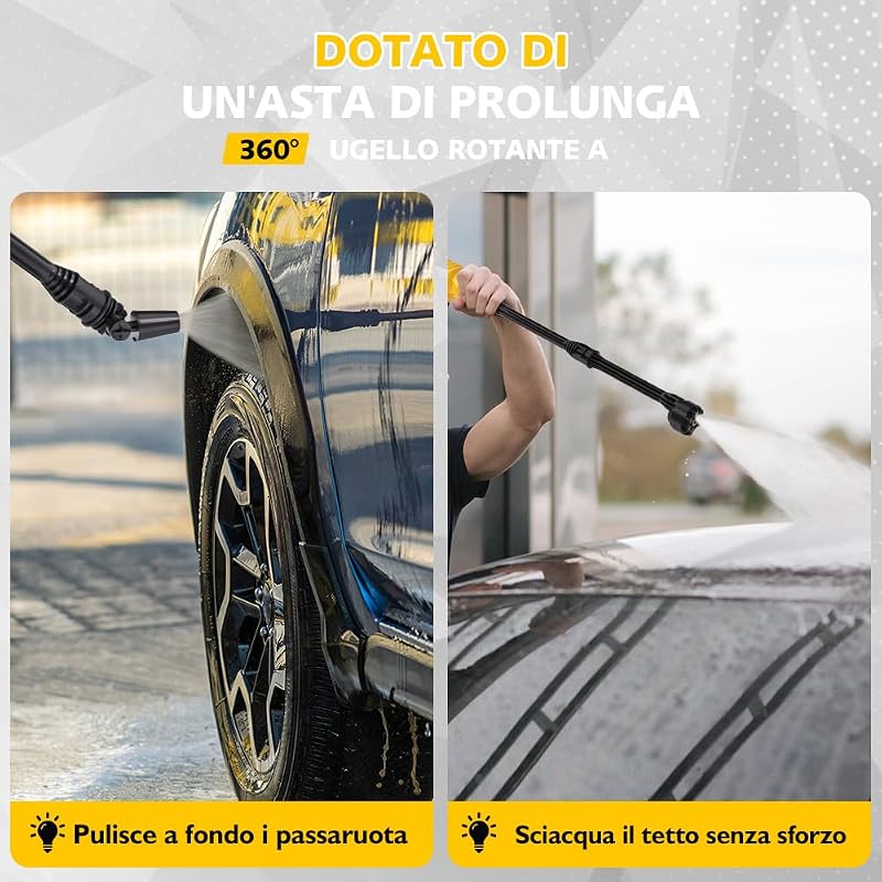 Idropulitrice senza fili, 17 pezzi, 8000 mAh, pressione massima 68 bar, con ugello 6 in 1 e ugello girevole a 180°, idropulitrice portatile per auto, biciclette, giallo limone