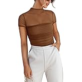 REORIA Women's Sexy Mock Turtle Neck Short Sleeve Shirts Sheer Mesh Ruched Trendy Going Out Bodysuits Tops