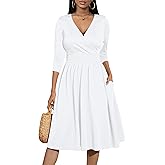 Nmoder Wrap Dress Cocktail Casual Dresses for Women Wedding Guest Fit and Flare V Neck 3/4 Sleeve Midi Dress with Pockets White