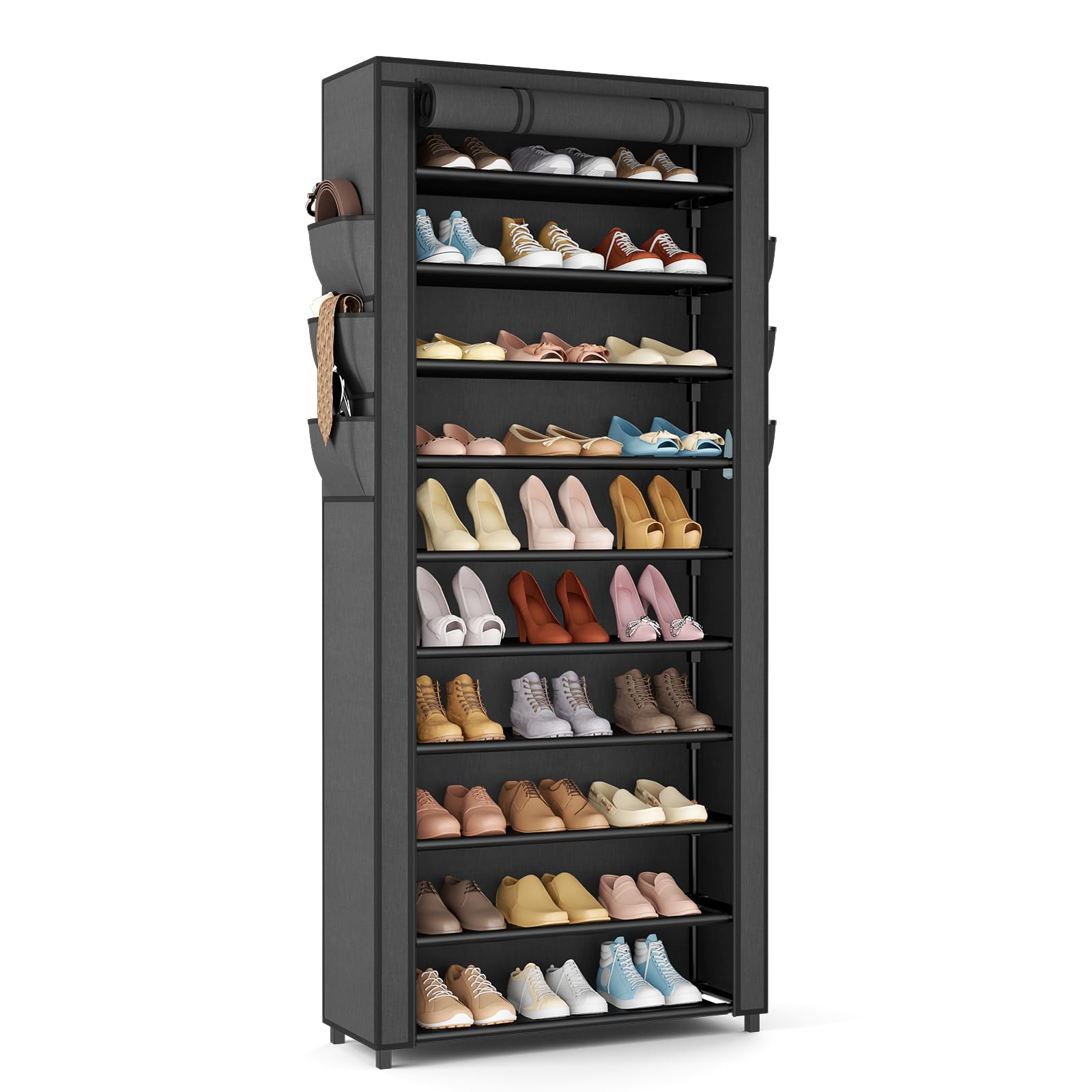 Photo 1 of VTRIN Vertical Narrow Shoe Rack Organizer Tall Shoe Rack for Closet Entryway 10 Tier Non-Woven Cover Shoe Shelf Holds 36-41 Pairs Free Standing Shoe Storage Cabinet with Dustproof Cover, Black
