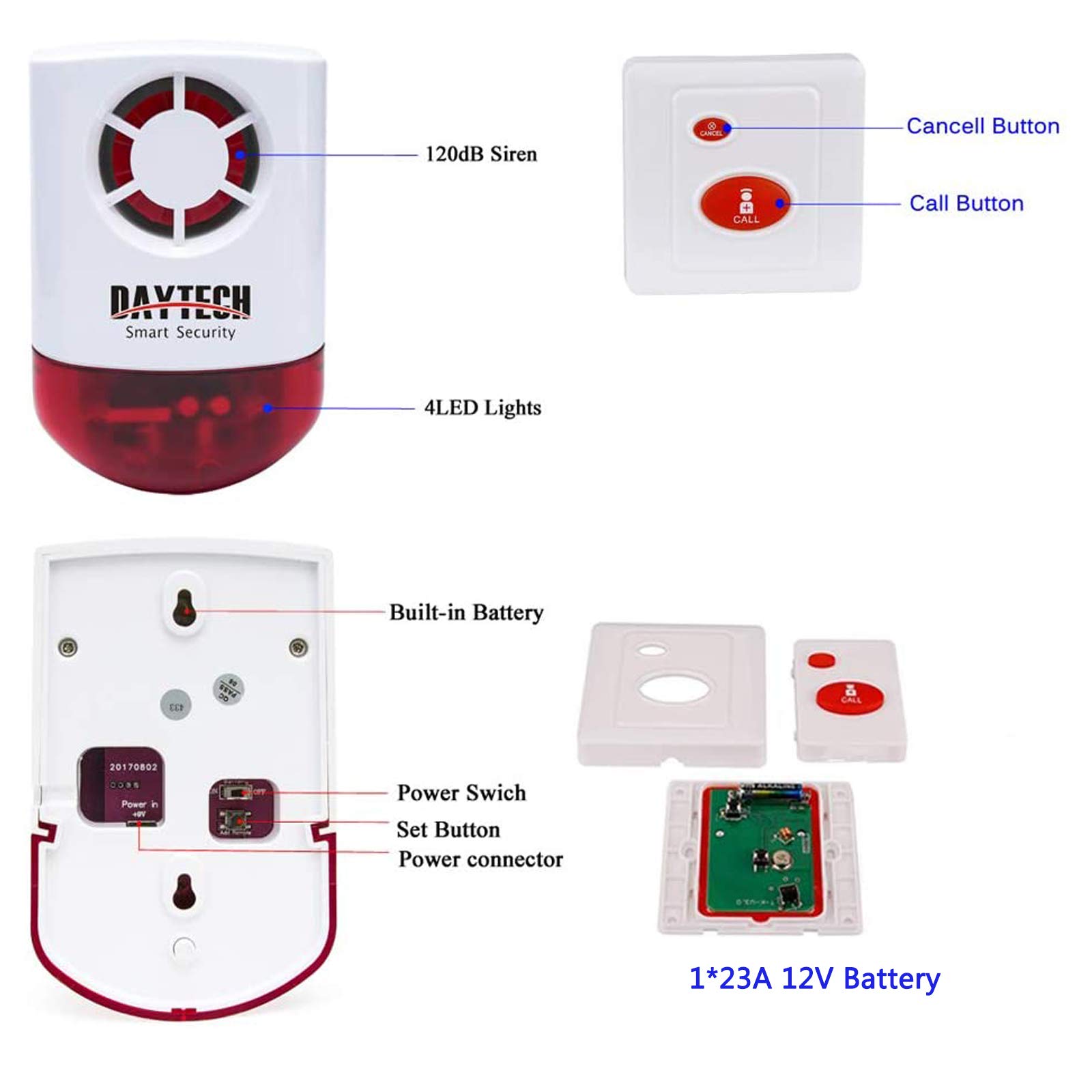 Daytech Wireless Security Alarm System with Strobe Siren - Panic Buttons & SOS Alert for Home, Retail Stores (2 Remotes + 2 Buttons, Loud 120dB, Weatherproof)