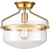 YUBOLE Mid-Century Ceiling Light Gold Semi Flush Mount Light Fixture with Clear Dome Glass Shade-13.4" Wide for Kitchen Hallw