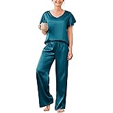 Ekouaer Women's Satin Silky Pajama Set 2 Piece Short Sleeve Shirt with Long Pants Pjs Sets Soft PJ Loungewear S-XXL