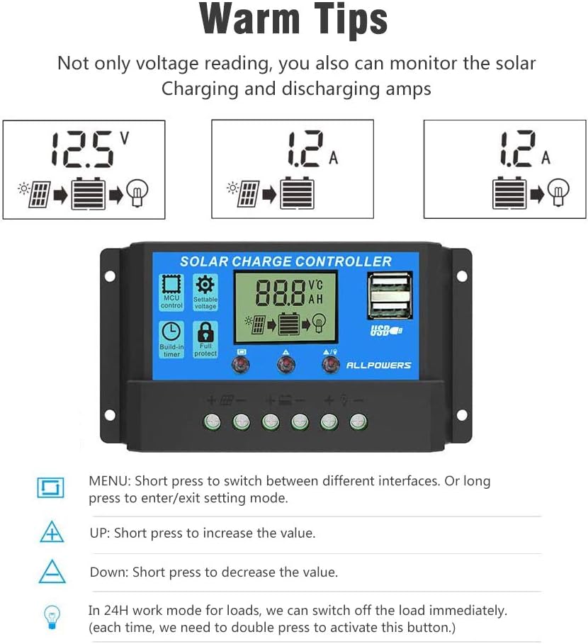 ALLPOWERS 20A Solar Charger Controller Solar Panel Battery Intelligent Regulator with USB Port Display 12V/24V : Garden & Outdoor