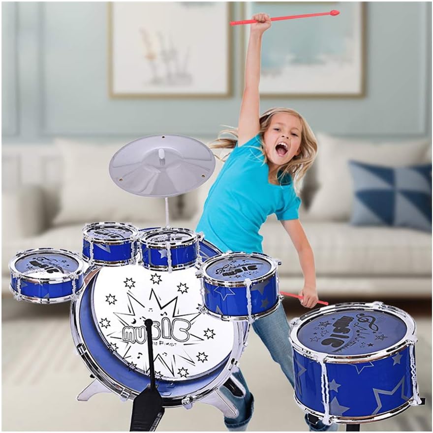 Kids Jazz Drum Set 12 Piece - Kids Starter Drum Set for Beginner Learning 6 Drums Cymbal Computer Chair Kick Pedal - Ideal Gift Toy for Kids, Teens, Boys & Girls (Blue)