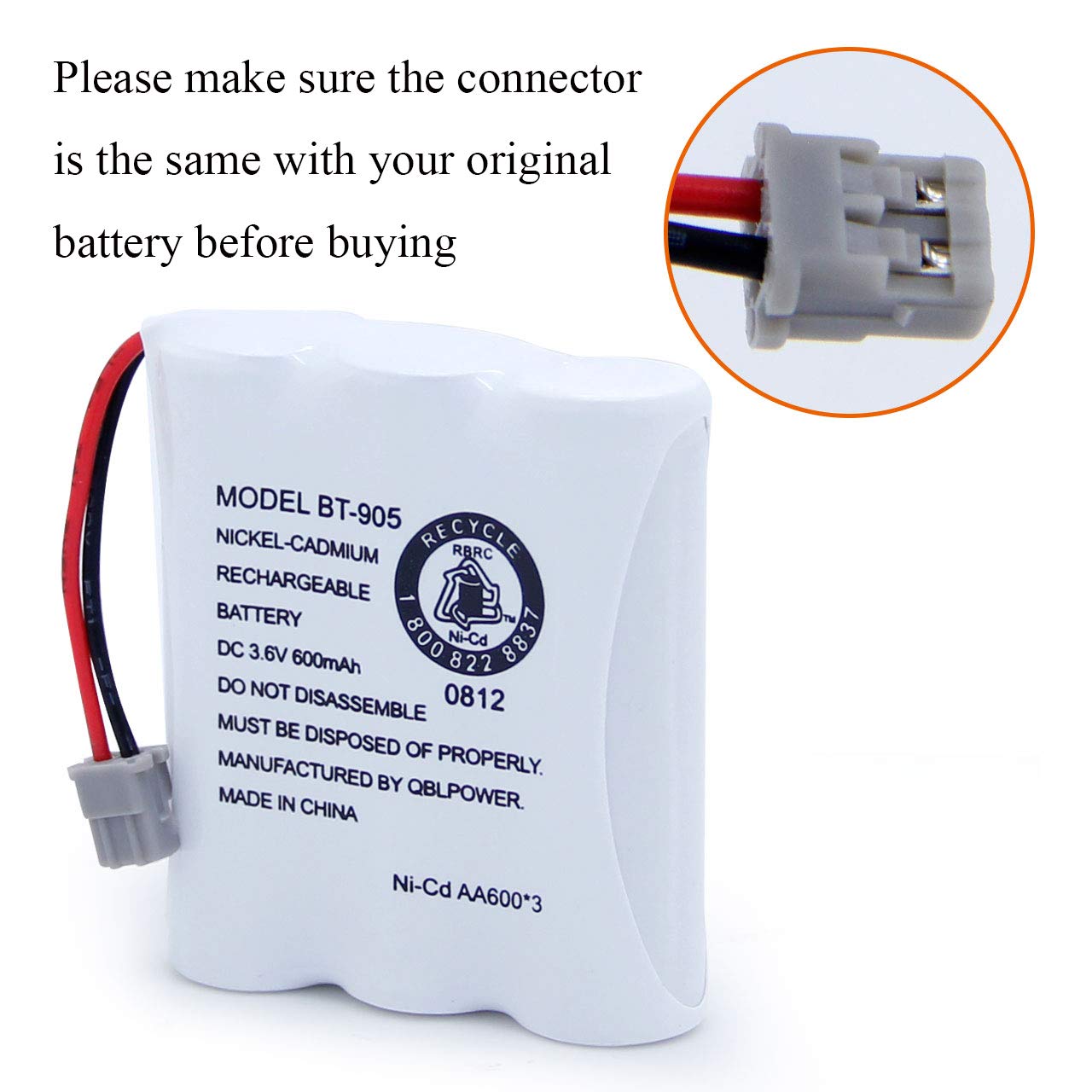 QBLPOWER BT905 BT-800 Cordless Phone Rechargeable Battery Compatible with Uniden BT-905 BT800 BT-1006 BBTY0663001 BP-800 BP-905 P-P501 P-P508 3.6v 600mAh Ni-CD (Pack of 2)