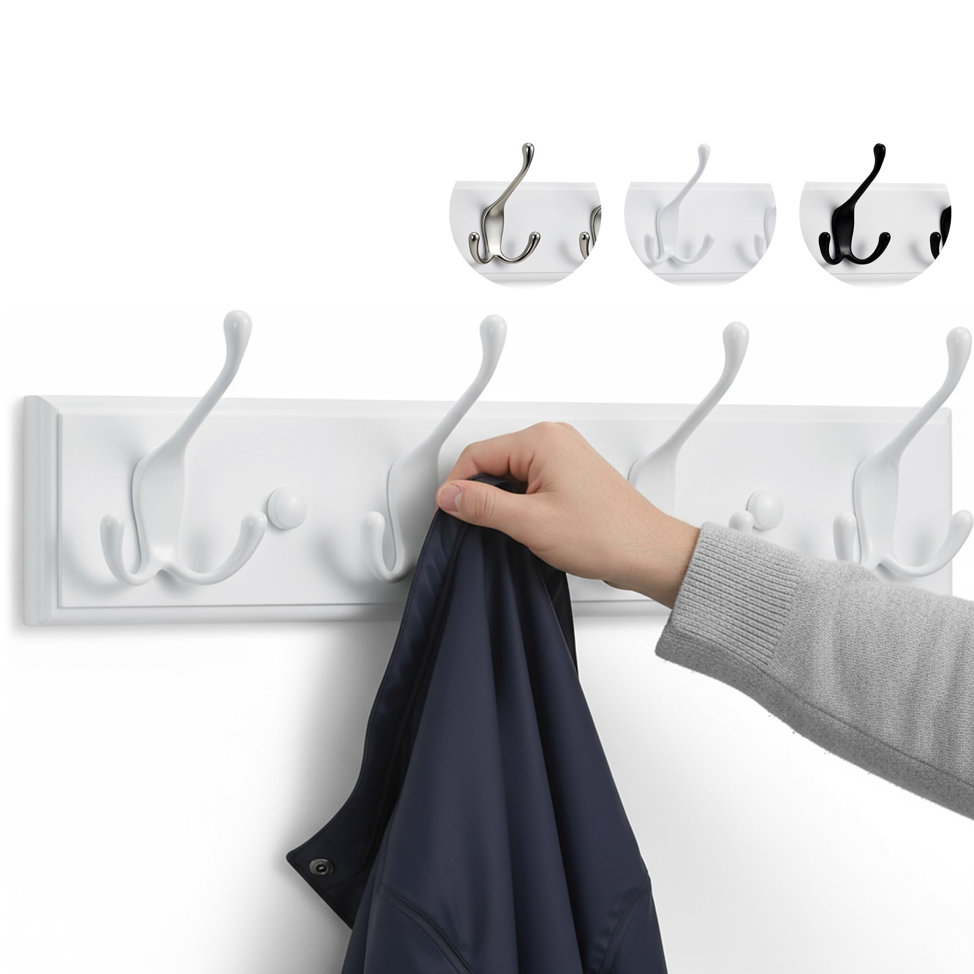 LARHN White Coat Hooks - Wall Mounted Coat Rack - 4 Triple White Coat Hooks for Wall - 42 cm - All Fixings Included for Quick & Easy Installation