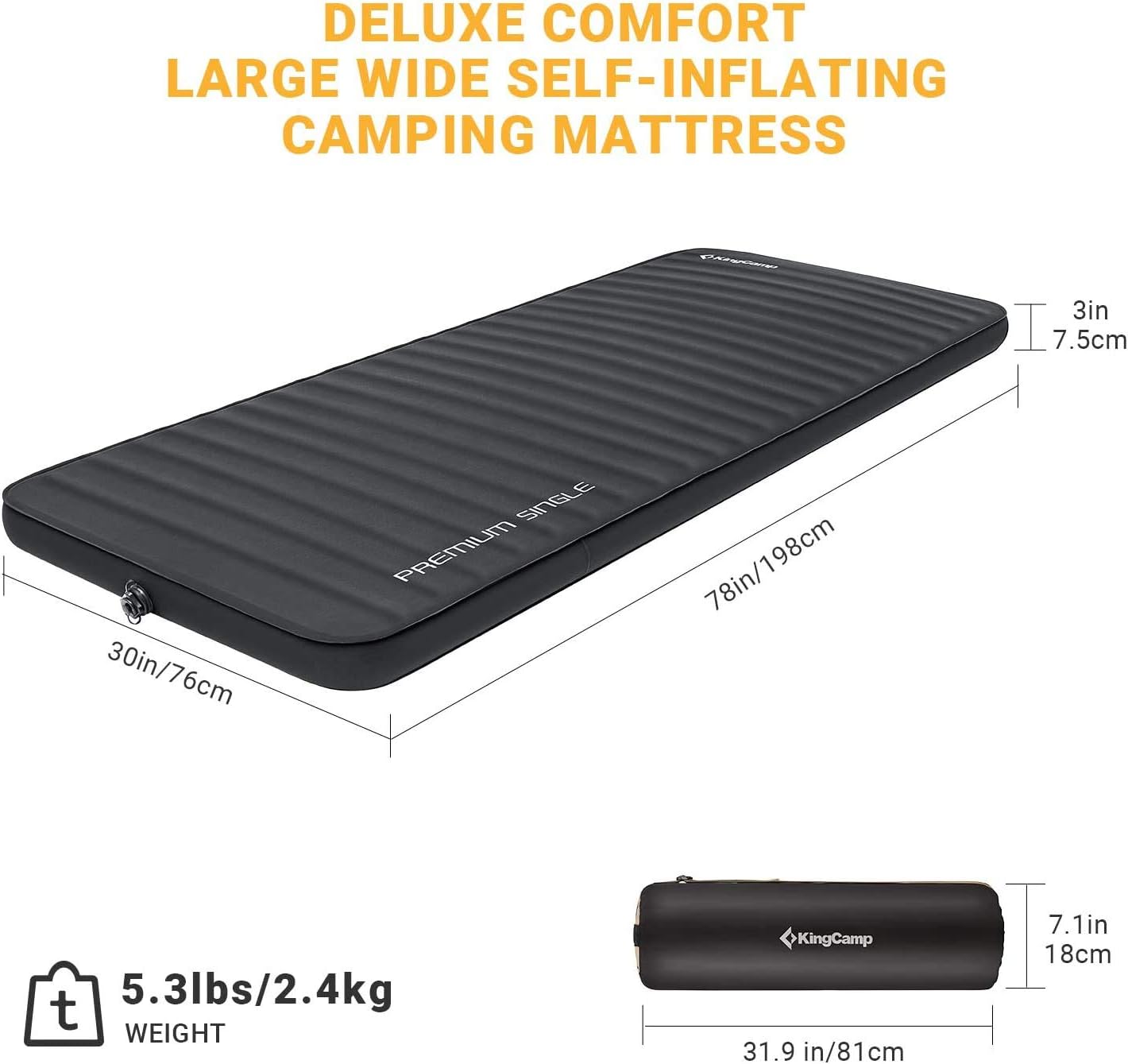 KingCamp Self Inflating Camping Mattress Single (R-Value 7.5), 7.5cm Thick Luxury Sleeping Mat, Quiet & Warm, PVC-Free - Image 3