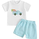 Lamuusaa Toddler Baby Boy Easter Outfit Short Sleeve Bunny/Truck Carrot T-shirt Stripe/Plaid Shorts 2Pcs Summer Clothes
