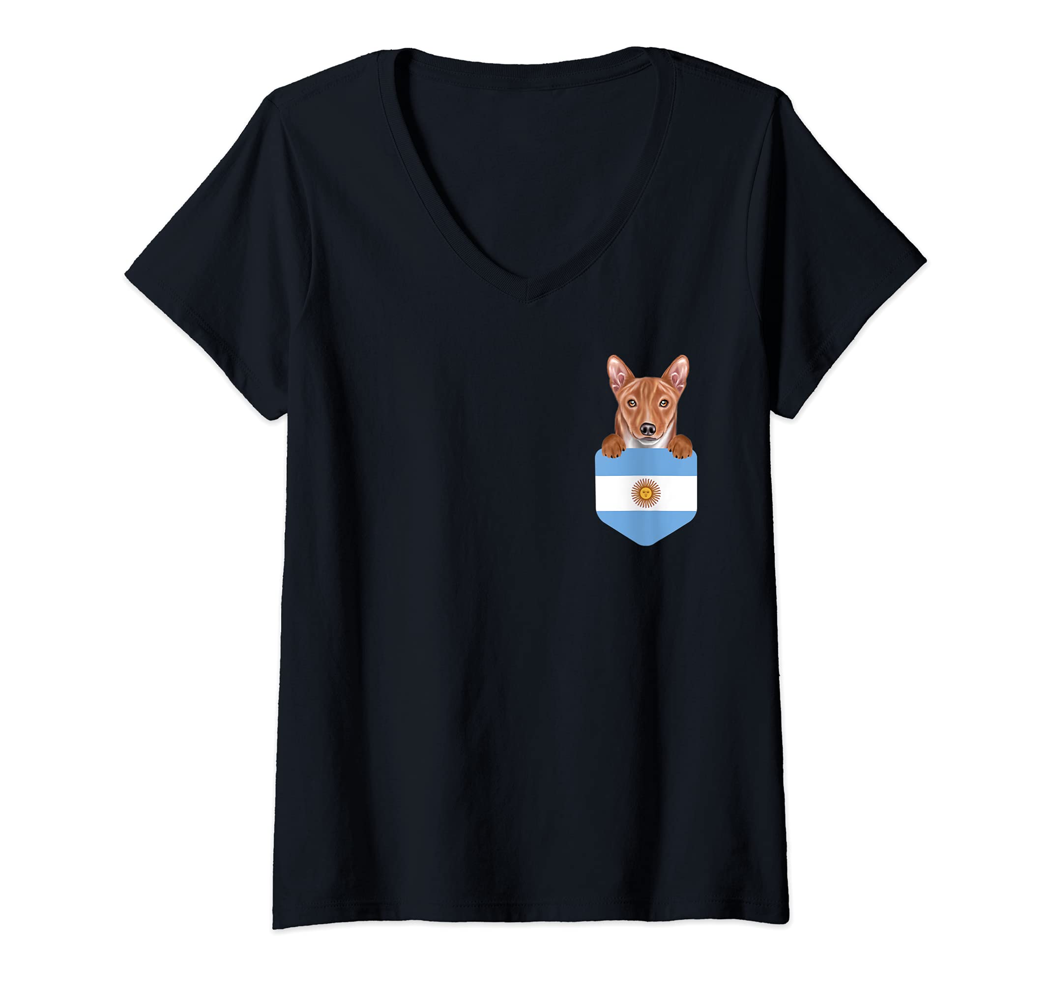 Womens Argentina Flag Basenji Dog In Pocket V-Neck T-Shirt
