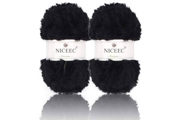 NICEEC 2 Skeins Faux Fur Yarn Super Soft, Chunky & Fluffy, Eyelash Yarn for Crochet & Knitting (Total Length 70yds,3.53oz) - Black