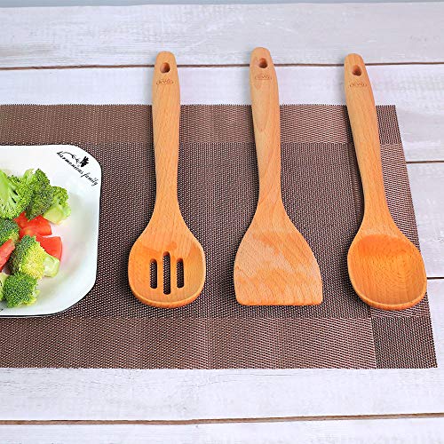 EVQ Kitchen Wooden Cooking Utensil Sets, Wooden Spoon,Slotted Spoon,Turner, Non Scratch Natural Beechwood （3 Piece）