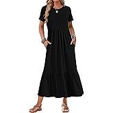 AUSELILY Womens Summer Dresses 2025 Short Sleeve Maxi Dress Crewneck Casual Sundresses with Pockets