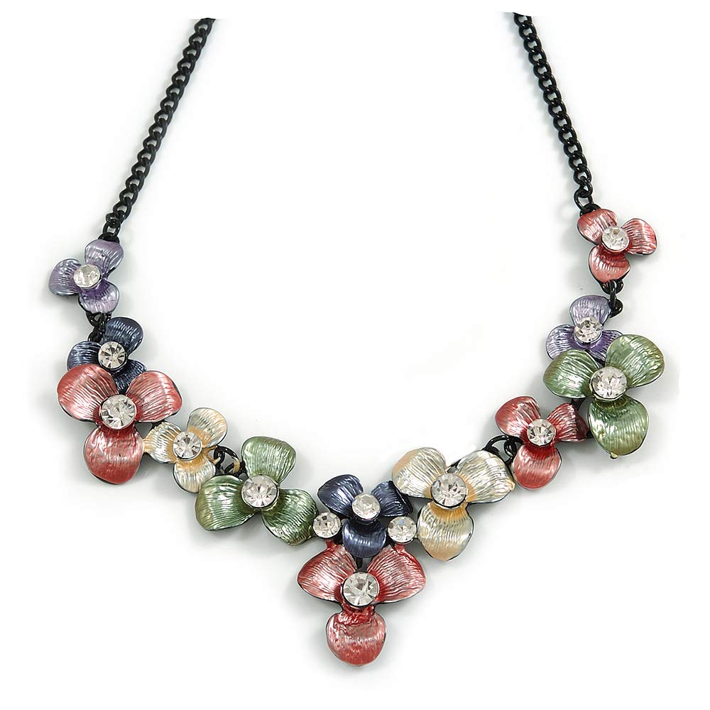 Avalaya Pastel Multicoloured Matte Enamel Flower Cluster Clear Crystal Necklace/Black Tone/ 42cm Long/ 5cm Ext