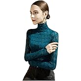 Women's Long Sleeve Bodycon Turtleneck Tees Top Lace Sexy See Through Sheer Mesh Eyelash Trim Shirts Elegant Blouse