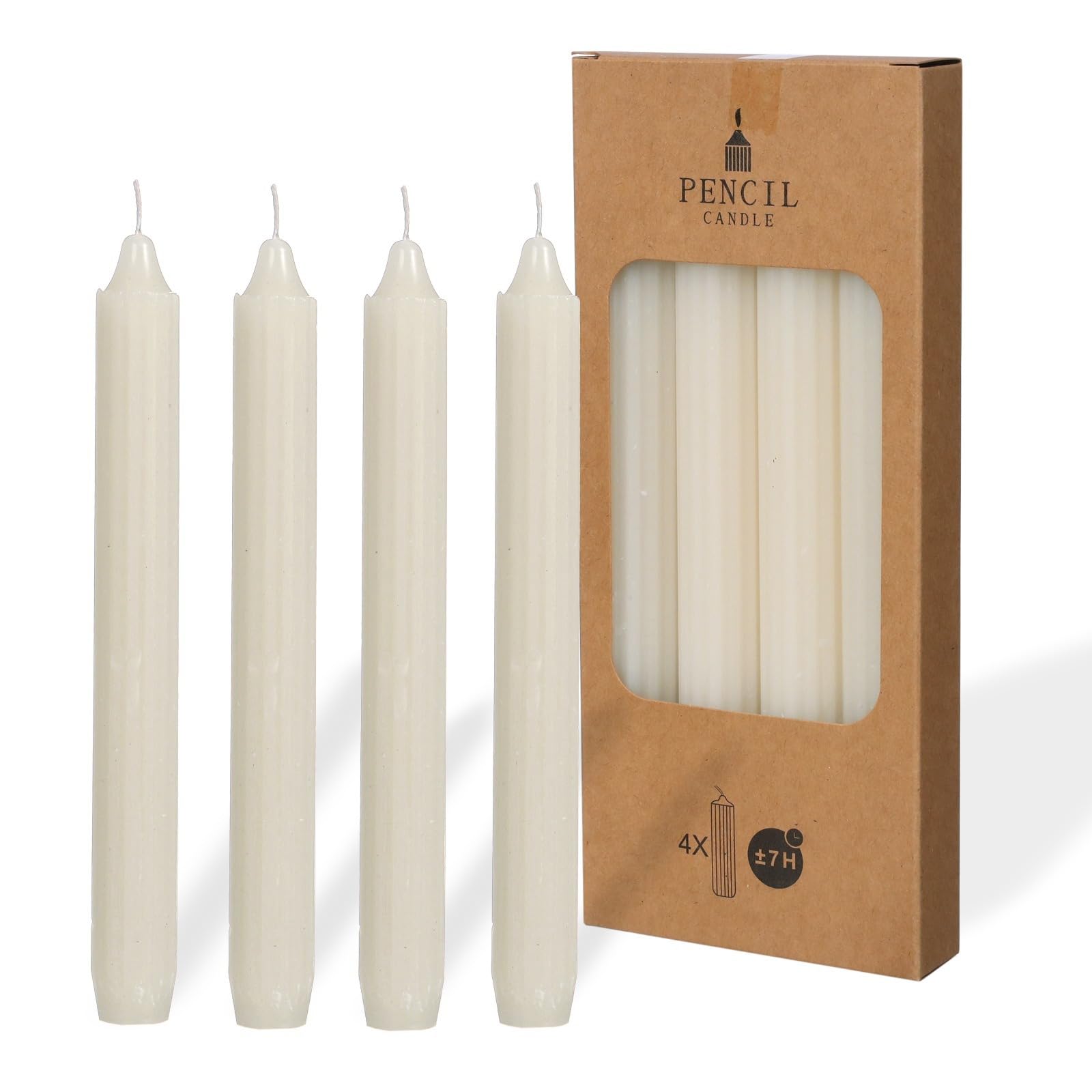 comforder COMFORDER Taper Candles Set, 4 x Table Candles Plain + Ribbed, 20 cm, 7 Hours Burning Time (Cream)