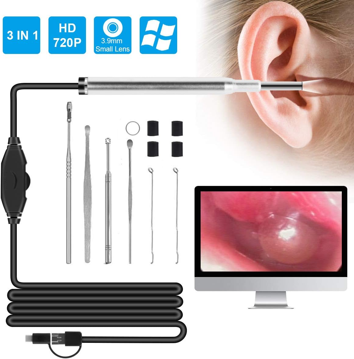 Haokaini USB OtoscopeEar Scope Camera 3.9mm 720P HD Ear Scope Camera