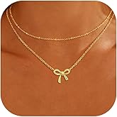 JAVARNV Layered Bow Gold Necklace for Women Silver Bow Pendant Cute Simple Dainty Statement Chain Charm Gold Jewelry Birthday Valentines Day Gifts