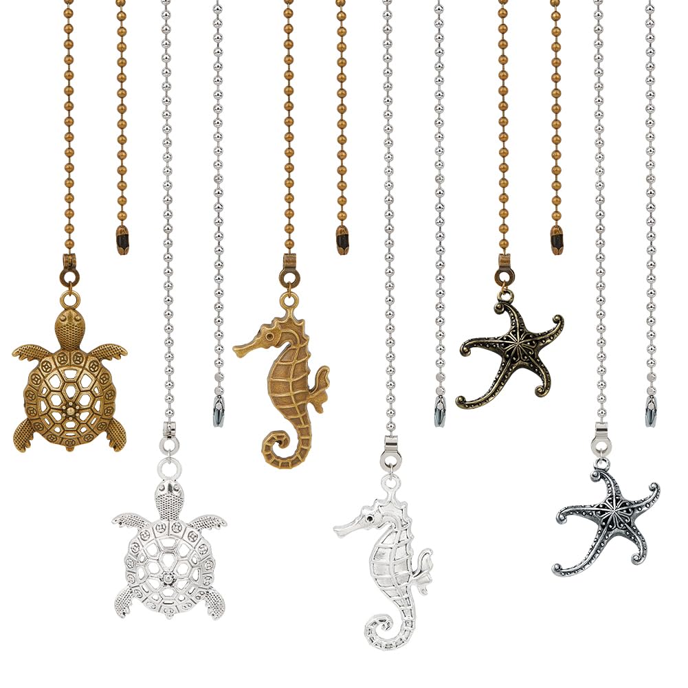 BENECREAT 6 Styles Ocan Theam Ceiling Fan Pull Long Chain Extension Turtles Seahorses Mermaids Pull Chain Extension with 14 Inch Quality Ball Chain Connector for Bathroom Toilet Light