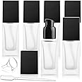 6 Pieces 30ml/1oz Frosted Glass Foundation Bottles Square Lotion Dispenser Container Empty Cosmetic Samples Vials with Press Pump&Black Cover for Liquid Foundation Essence Cream Toiletry Travel