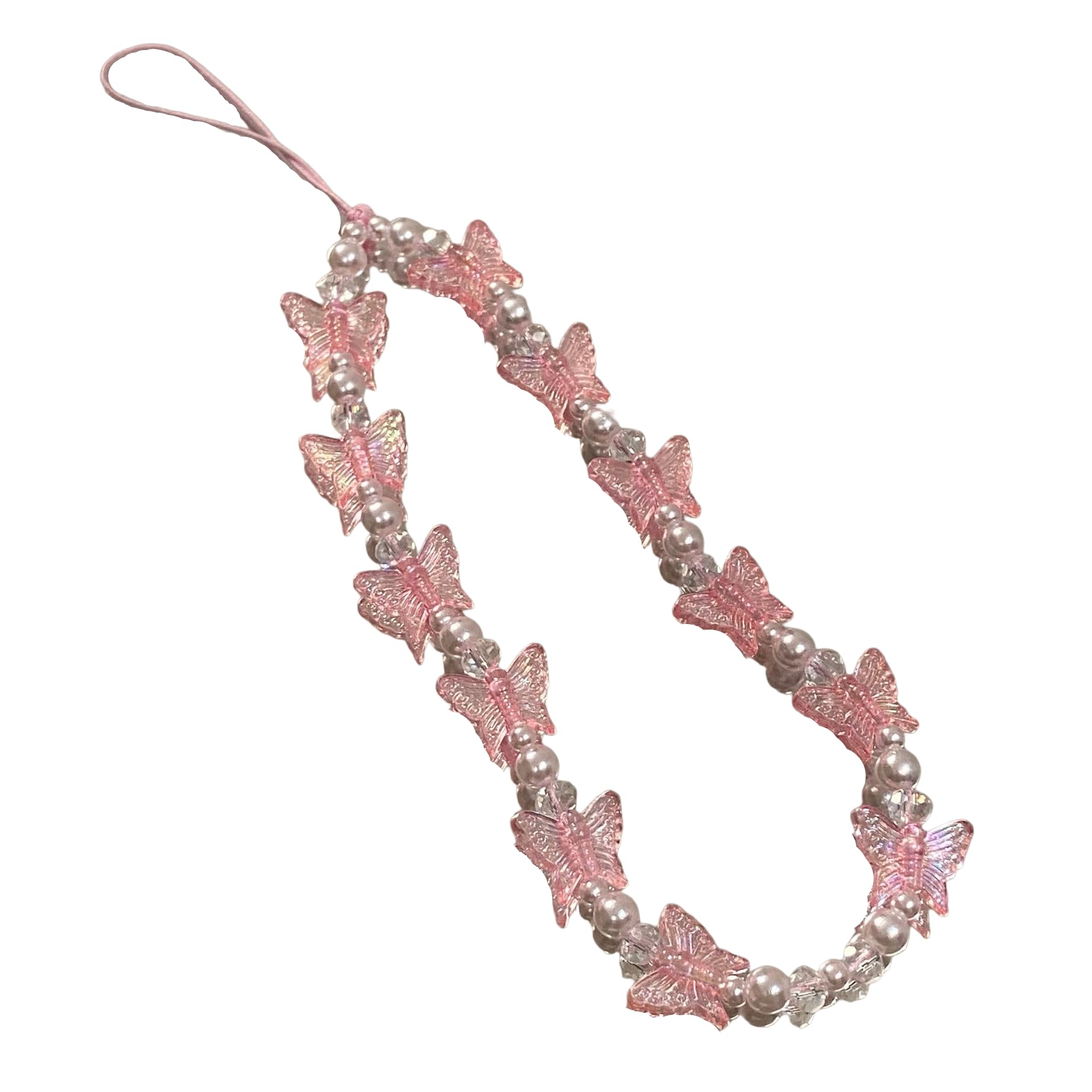 Butterfly Beaded Phone Lanyard Strap Charms Handmade Y2K Colorful Beaded Butterfly Charm for Women Girls Anti-Lost Phone Chain Keychain Gifts-Pink