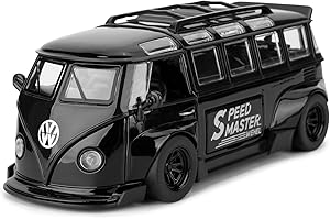 BDTCTK 1/32 Volkswagen Bus Transporter Model Car with Surfboards Convertible Camping Van, Zinc Alloy Pull Back Toy car with Sound and Light for Kids Boy Girl Gift(Black)