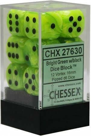 Chessex Dice d6 Sets: Vortex Bright Green with Black - 16mm Six Sided Die (12) Block of Dice