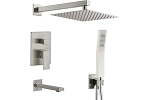ROVATE 12 Inch Shower Faucet Set with Tub Spout Brushed Nickel, 3-Function Bathroom Rain Shower System with High Pressure Rai