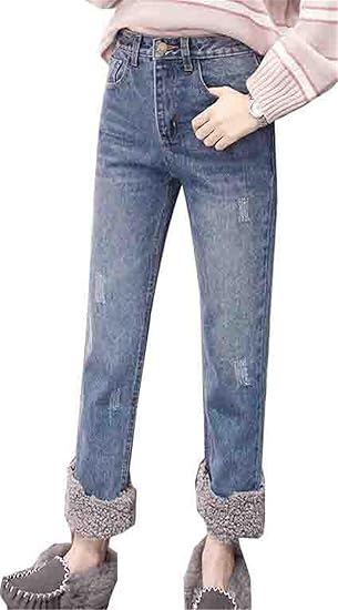 Amazon エージョン レディース ジーンズ 裏ボア ロングズボン 暖かい パンツ 着痩せ ムートン 秋 冬 巻裾 ゆったり ハイウェスト ガウチョパンツ 無地 シンプル デニムパンツ スキニーパンツ ジーパン 冬用 ファッション ジーンズ 通販