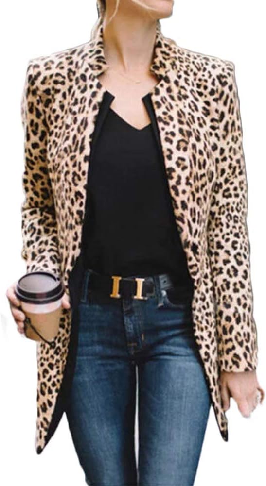 Women Ladies Leopard Print Cardigan Long Sleeve Jacket Blazer Casual Business Coat