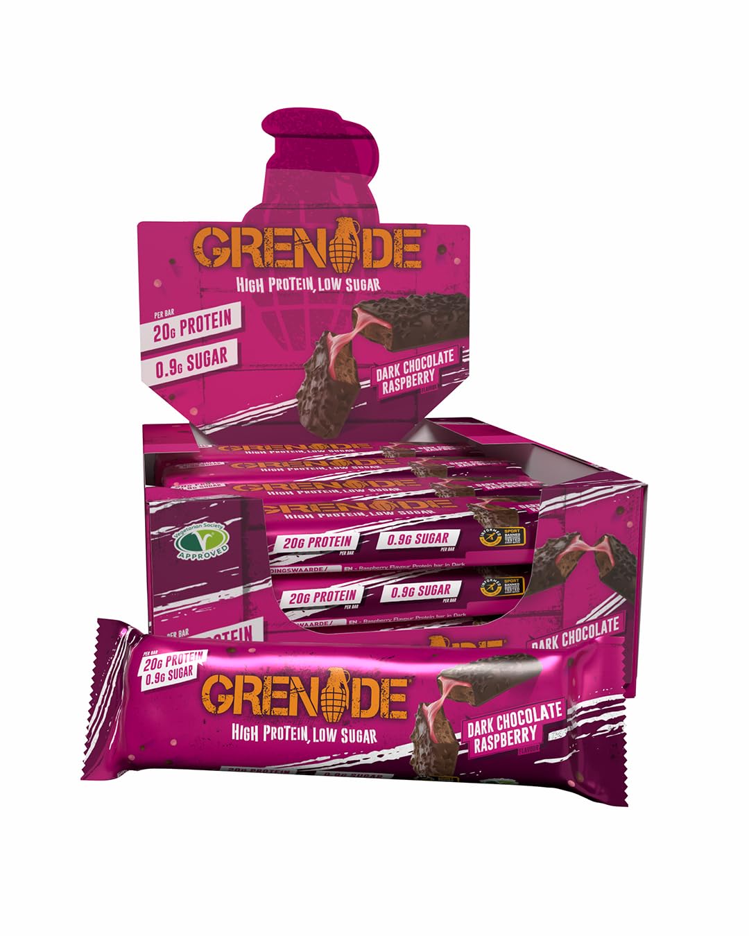 Grenade High Protein, Low Sugar Bar - Dark Chocolate Raspberry, 12 x 60 g