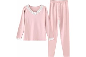 Womens Cotton Thermal Underwear Set Long Johns Base Layer Lace Patchwork Top Pajama Set Fall Lightweight Top Bottom