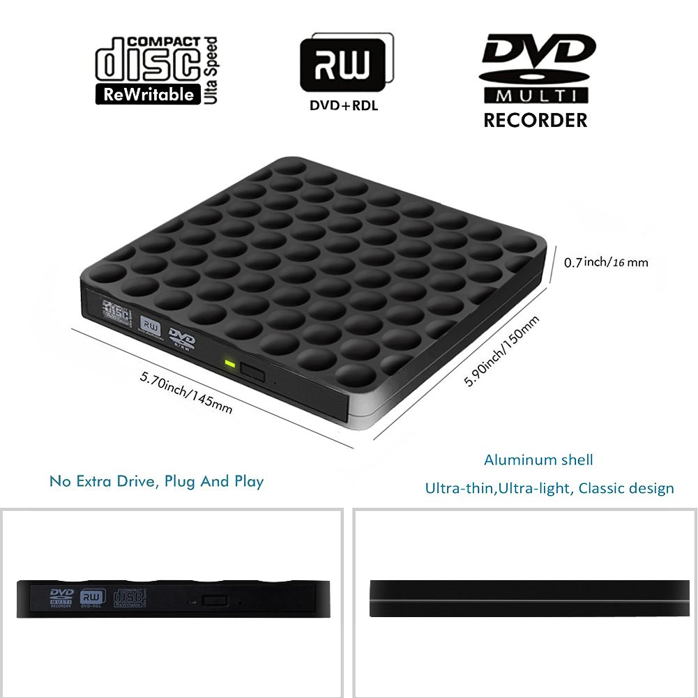 Grabadora CD DVD Externa Lector, USB 3.0 Portátil de DVD óptica RW ROW Reader Writer Player para PC Windows de Mac OS 10 7 8 XP Vista