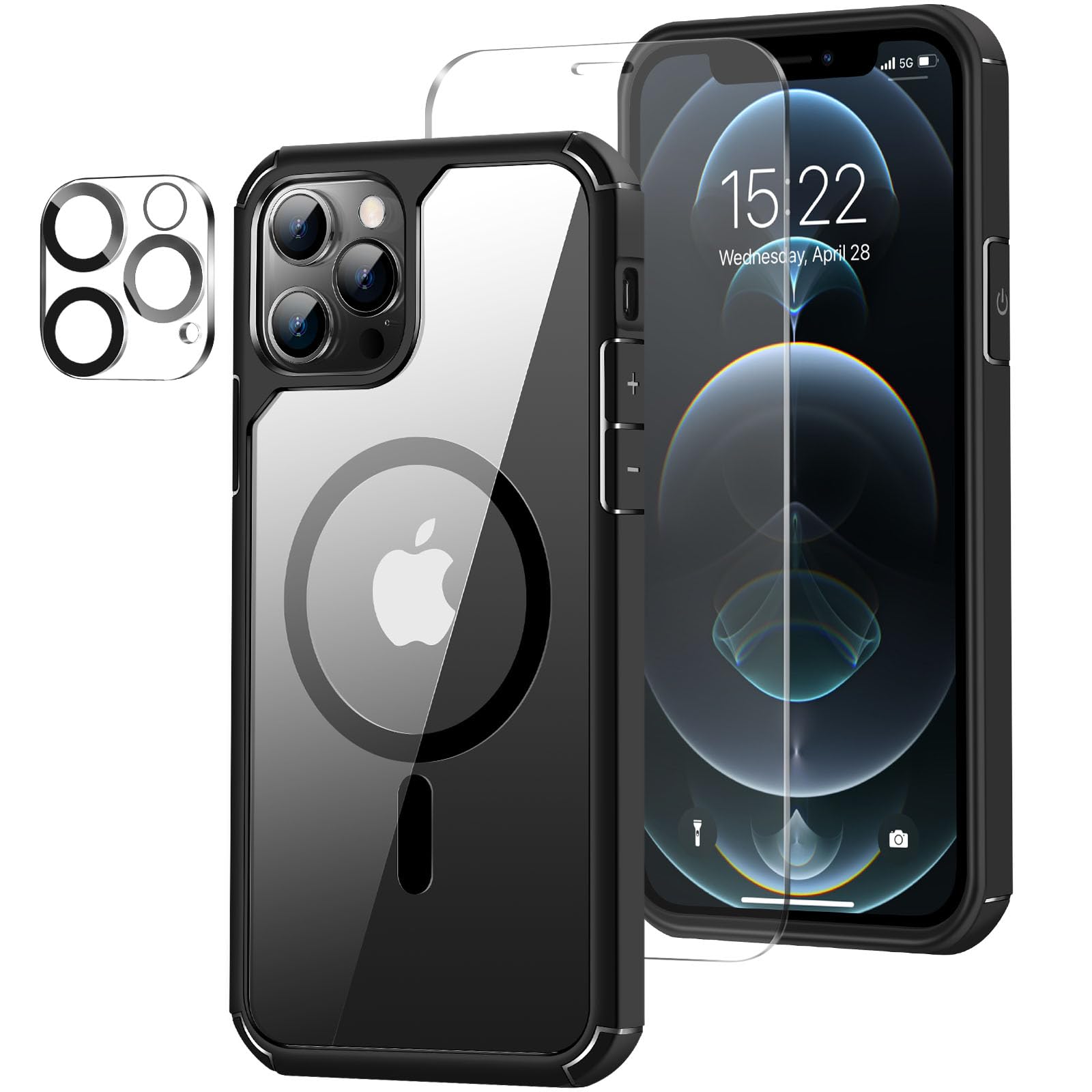ZZDZZ Magnetic Case Designed for iPhone 12 Case/iPhone 12 Pro Case [Compatible with MagSafe] with Screen Protector and Camera Lens Protector Anti Scratch Phone Case (Black)