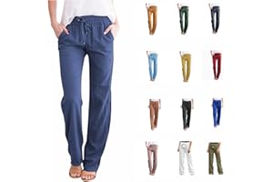 Attine High Waist Cotton Linen Pants for Women Pockets Drawstring Elastic Waist Trousers Solid Loose Fit Straight Leg Pants