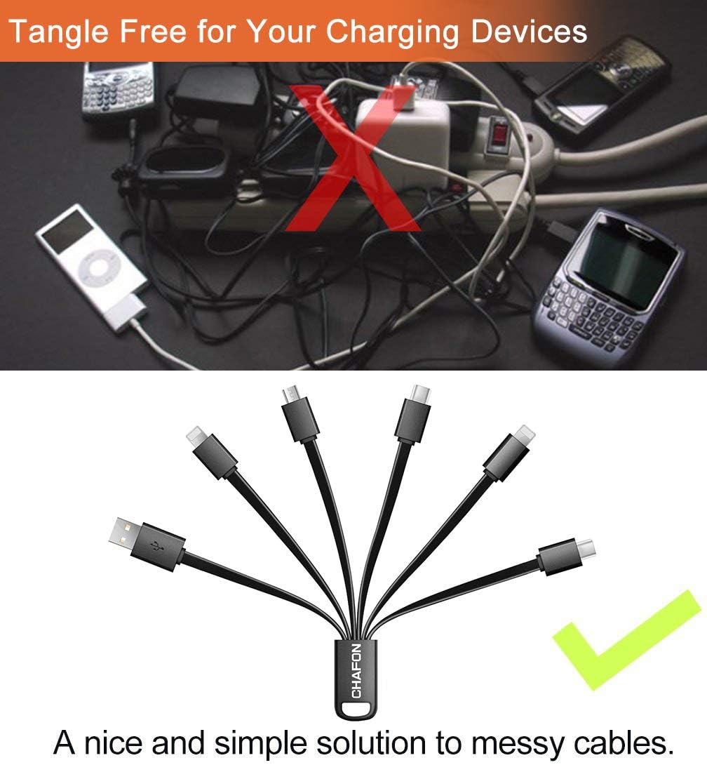 CHAFON Multi USB Charging Cable Short, 6 in 1 Multiple Charger Cord with USB 2.0,Type C,Micro B,Phone Adapter,Compatible for Cell Phones Tablets Speaker and More | Black, 5.3 inch