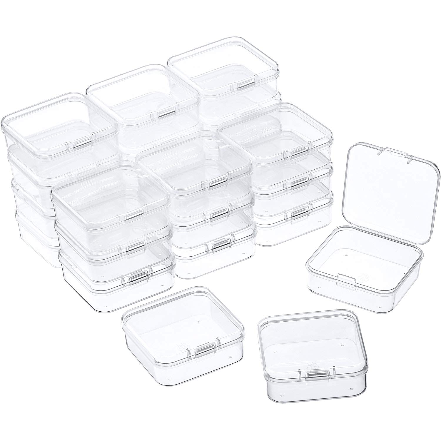 SATINIOR 24 Packs Small Clear Plastic Beads Storage Containers Box with Hinged Lid for Storage of Small Items, Crafts, Jewelry, Hardware, 2.12 x 2.12 x 0.79 in
