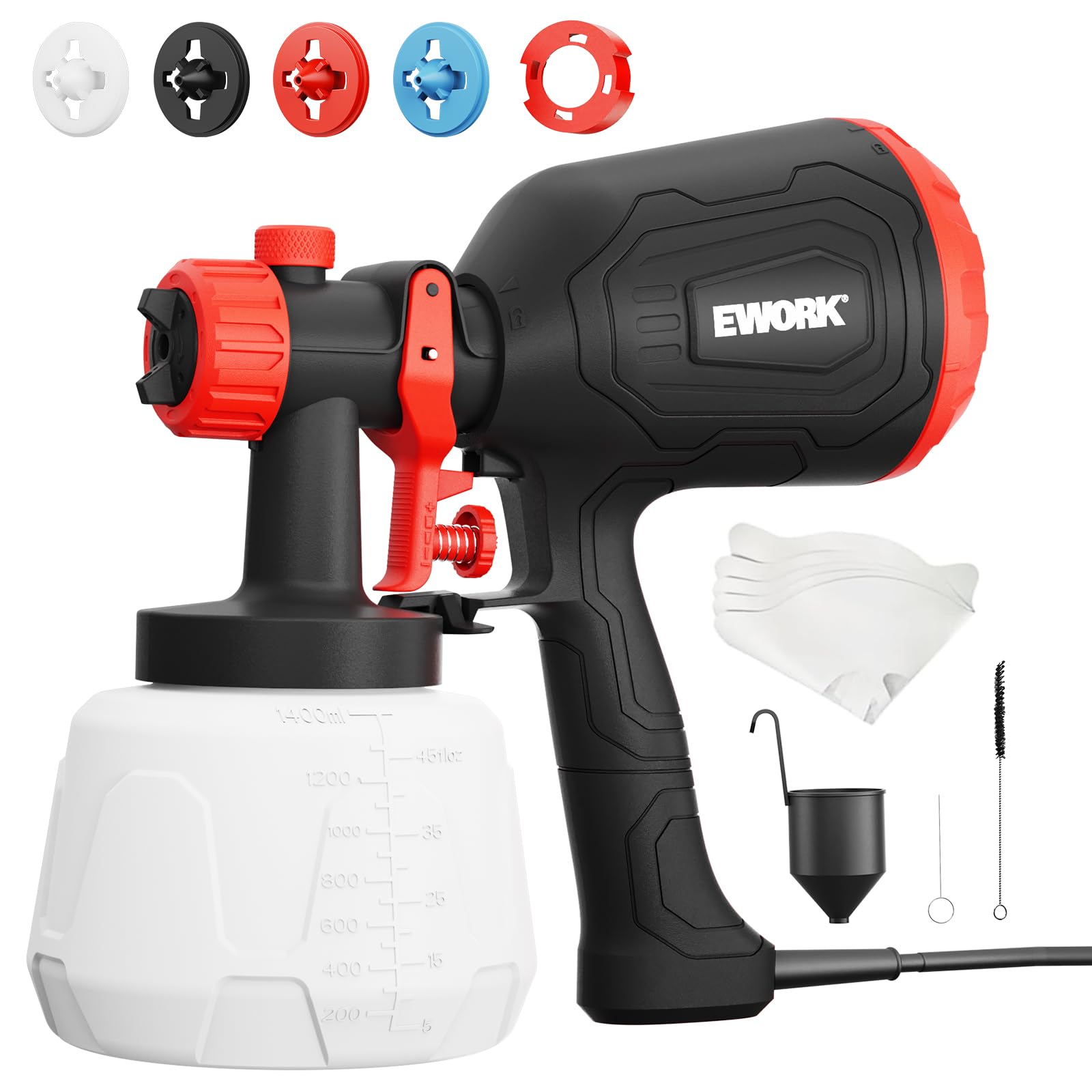 Photo 1 of EWORK Paint Sprayer,1000W HVLP Electric Spray Paint Gun,4 Nozzles and 3 Spray Patterns,1400ml High Capacity Container,180 Din/s, Easy to Clean,for Furniture, Cabinets, Decks, Walls, Doors, DIY