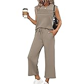 WIHOLL Two Piece Sets for Women Summer Spring Lounge Sets Travel Vacation Outfits Cap Sleeve Side Slit Wide Leg Pants S-3XL
