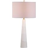 SAFAVIEH Lighting Delilah Table Lamp, 30″ Alabaster White TBL4067A | Alabaster Body, Fabric Shade, Brass Gold Accents, LED Bu